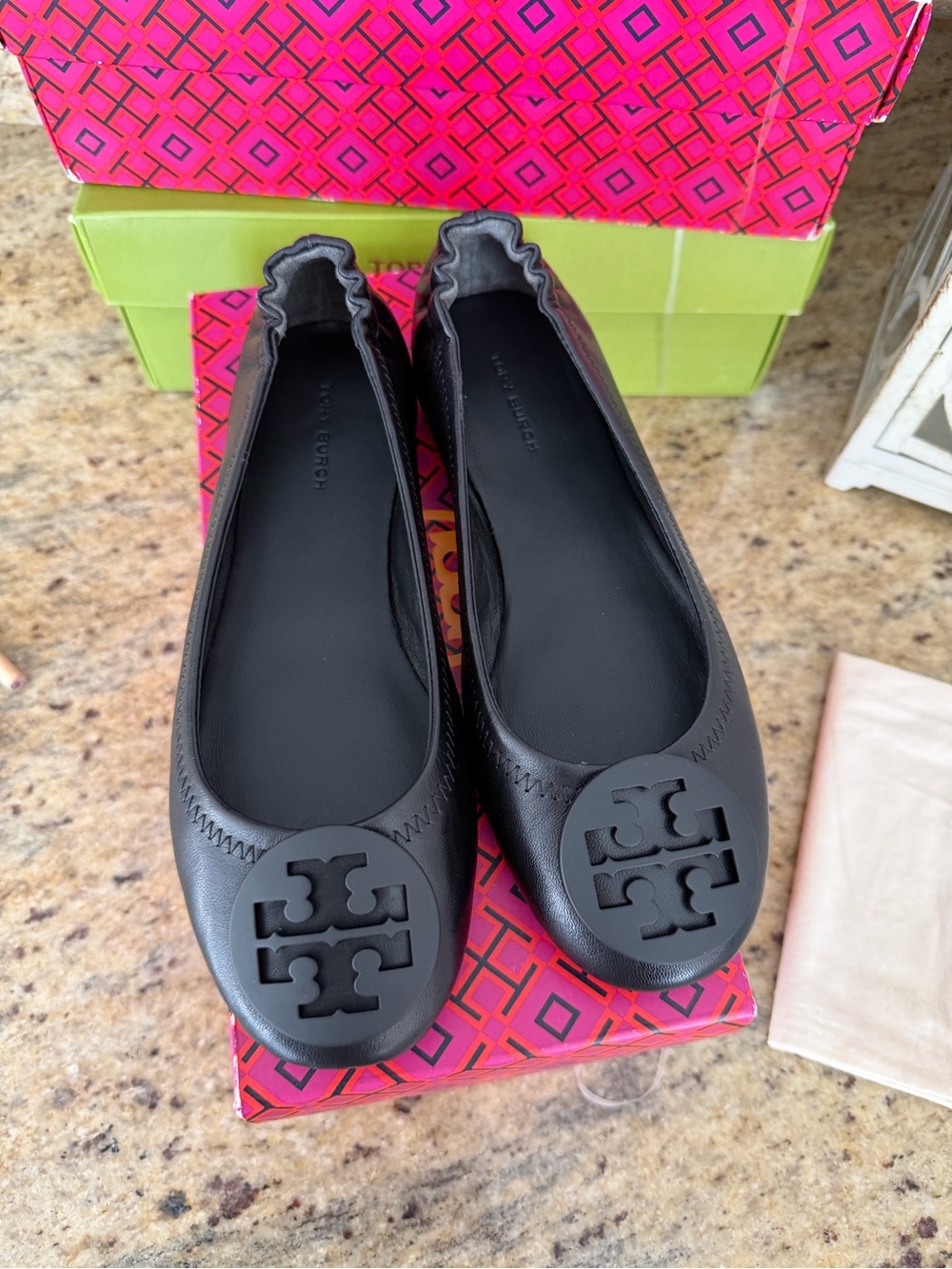 Tory Burch Black Leather Logo Ballet Flats